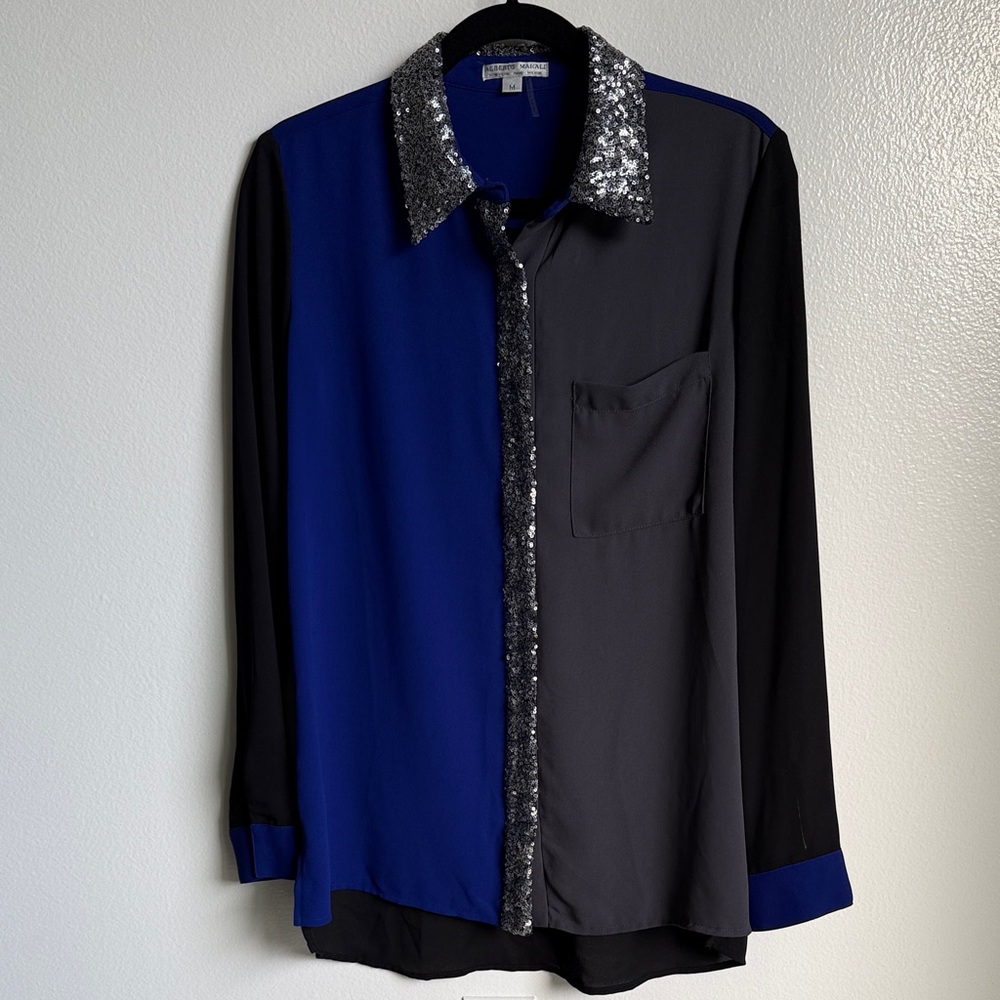 Alberto Makali Blue Black Gray Sequin Long Sleeve Collared Top Blouse Medium